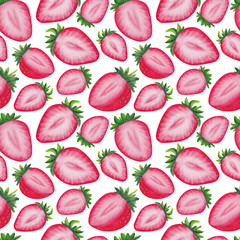 Hand Drawn Watercolor Strawberries Seamless Pattern. Red and Pink Berries Isolated on White Background