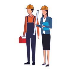 builder man and engineer woman standing, colorful design