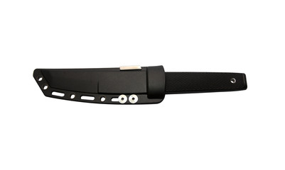 knife with a black handle with black sheath on a white background