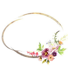 Wedding frame wreath bridal romanric rustic warm bouquet. Hand drawing watercolor pink and purple and orange flowers ornament