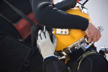 offshore commercial diver with a helmet