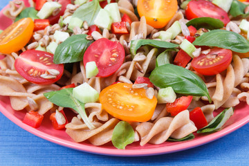 Fresh salad with wholegrain pasta and vegetables. Best food for dieting and slimming