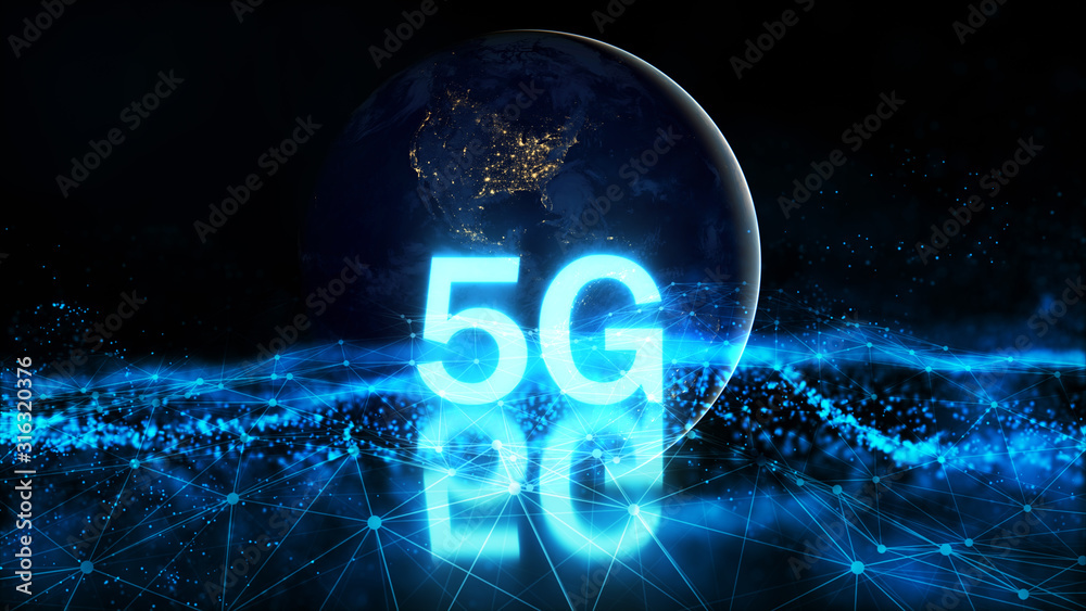 Wall mural 5g new wireless internet wifi connection. mobile internet concept. creative glowing 5g network backd