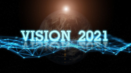 2021 Vision Technology. Global network for the exchange of data on the planet Earth. Blue black ground. Concept for new year 2021.Elements of this image furnished by NASA.