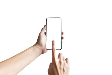 Close up hands holding smartphone and pointing finger touching screen mobile on white background.Isolated and clipping path.