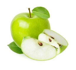 Green Apple isolated. Whole fruit and cut juicy slice with fresh leaf isolated on white background as detail for packaging design
