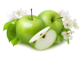 Green whole Apple and cut part slice with leaves and flowers isolated on white background, close-up