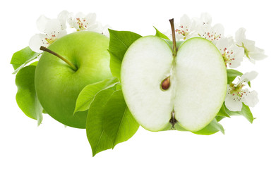 Green Apple and cut half piece slice with leaves and flowers isolated on white background as package design
