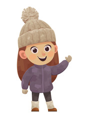 Cute little girl in winter clothes in cartoon style