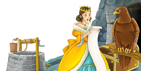 cartoon scene with bird eagle with entrance to the mine with bird eagle on white background with space for text - illustration for children