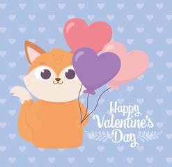 happy valentines day, cute fox with balloons shaped hearts love