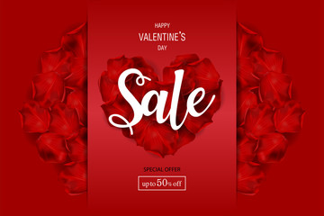 Holiday of Valentine's Day. Discount for Sale fifty percent of poster. Round of frame made of rose flowers on red background. Valentines day background.