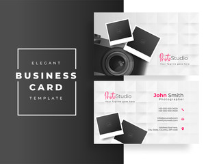 Photo Studio business card or visiting card design with camera and photographs on white seamless square pattern background.