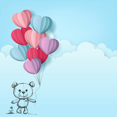 cute baby bear with heart balloon drawing style on cloud background, vector and illustration.