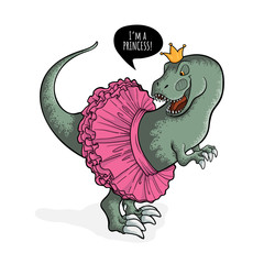 Little tyrannosaurus in pink skirt and crown in cartoons style. Vector hand drawn art of t-rex with speech bubble and text im a princess. Funny childish Dinosaur tyrannosaur rex art. Isolated on white © Juri Kam