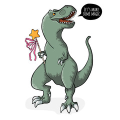 Cute tyrannosaurus rex with magic wand and speech bibble with text lets make some magic. Vector hand drawn illustration of dinosaur t-rex in cartoons style. Little dino in comix style.