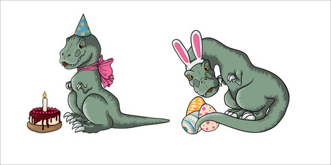 Set of cute tyrannosaurus rex in cartooms style. Hand drawn vector illustration of dynosaur  t-rex isolated on white background. Collection of childish dino art. © Juri Kam