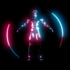 Neon light Vitruvian Man in circle frame