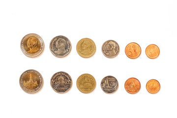Top view of Tahiland currency coins isolate on white background