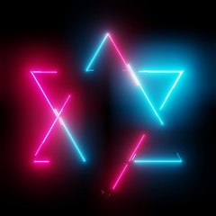 Neon light triangles frame on dark background