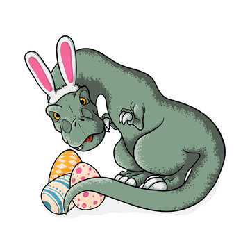 Little Tyrannosaurus Rex With Bunny Ears And Easter Eggs. Cute T-rex In Cartoons Style Sitting With Eggs In Cartoons Style. Vector Hand Drawn Illustration Of Dinosaur Tyrannosaur Rex In Childish Style