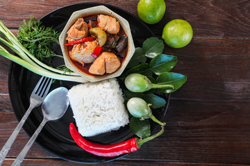 Steamed rice with chicken curry is a popular food in Thailand.