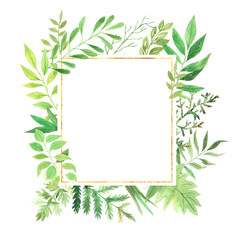 Watercolor geometric frame with green leaves