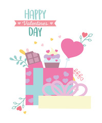 happy valentines day, open gift with sweet chocolate bar cupcake and heart balloon foliage decoration