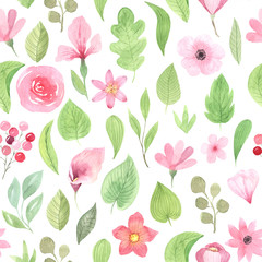 Seamless pattern with pink flowers and leaves