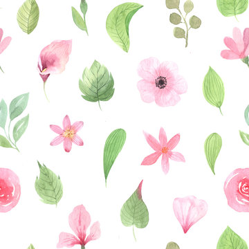 Seamless pattern with pink flowers and leaves