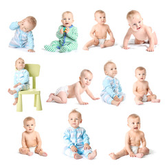 Collage with cute little babies on white background