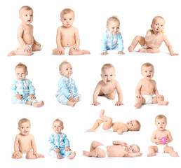 Collage with cute little babies on white background