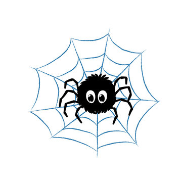 black funny spider sitting on the blue web. vector illustration. cartoon character. kids print. design element for label, sticker, baby book layout, t shirt