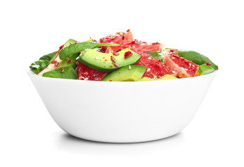 Bowl with fresh salad on white background