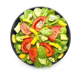 Bowl with tasty salad on white background, top view