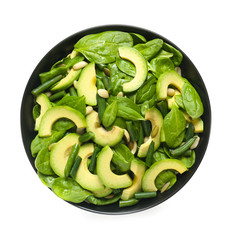 Bowl with tasty salad on white background, top view