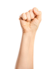 Hand of woman with clenched fist on white background