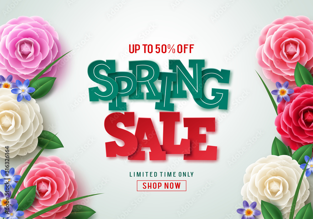 Wall mural spring sale vector banner design. spring sale 3d text with colorful camellia flower elements in whit