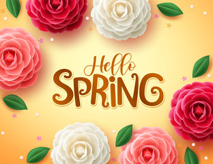 Hello spring text vector concept design. Hello spring greeting design in camellia and roses background with leave and flowers elements for spring season. Vector illustration.