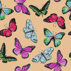 Naklejka na ściany i meble Watercolor print of different types of butterfly on a beige background. Pattern for fabric, wrapping paper, wallpaper. Multi-colored print. Seamless pattern.