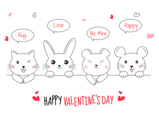 Obraz na płótnie Canvas Line Art Illustration of Cute Cartoon Cat, Rabbit, Bear, Rat Saying Different Messages on the occasion of Happy Valentine's Day Celebration.