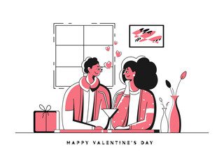 Flat Style Young Couple See Each Other with Cocktail Glass and Gift Box on Interior Design for Happy Valentines Day.