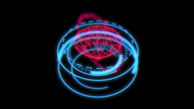 Animated Science fiction wireframe HUD elements with neon glowing rotating diamond, rays, dials, scales on dark blue background, 3D rendering