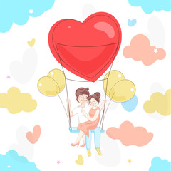 Cute Romantic Couple Character Sitting on Heart Swing with Balloons and Clouds on White Background.