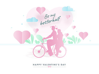 Paper Cut Loving Couple Riding Bicycle with Given Message Be My Better Half Text and Hearts Decorated on White Background for Happy Valentine's Day Celebration.