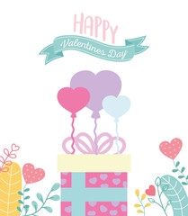 happy valentines day, gift box with balloons shaped hearts foliage decoration