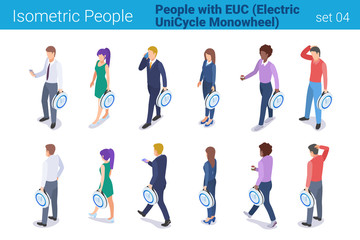 Isometric People with Electric Unicycle Monowheel flat vector collection. Men and Women walk with EUC © Sentavio
