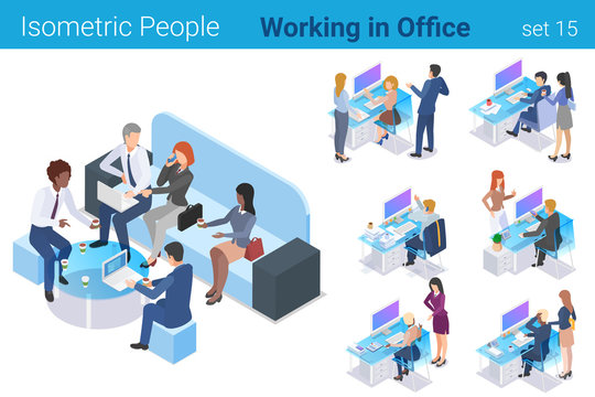 Isometric Business People at Workplaces in Office flat vector collection.