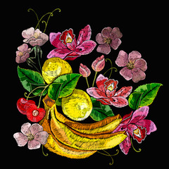 Embroidery lemons, cherry, bananas and flowers lotus. Summer fruit art. Tropical fashion template for clothes, textiles and t-shirt design. Botanical illustration
