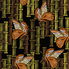 Embroidery bamboo and butterfly, seamless pattern. Japan forest art. Template for clothes, textiles, t-shirt design art vector